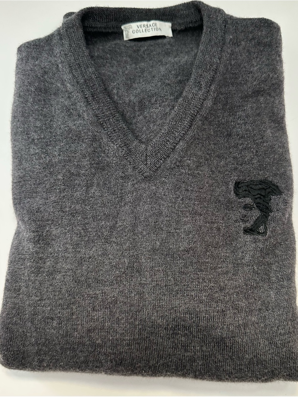 NWOT Authentic Versace Charcoal Gray V-Neck Sweater - Embroidered Medusa Logo